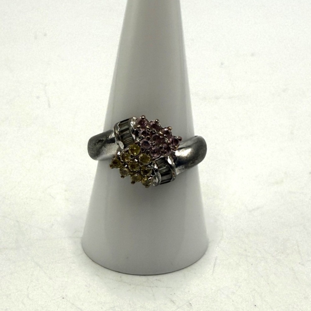 Vintage Silver Tone Pink and Yellow Stone Cluster Cocktail Ring Size 8.5